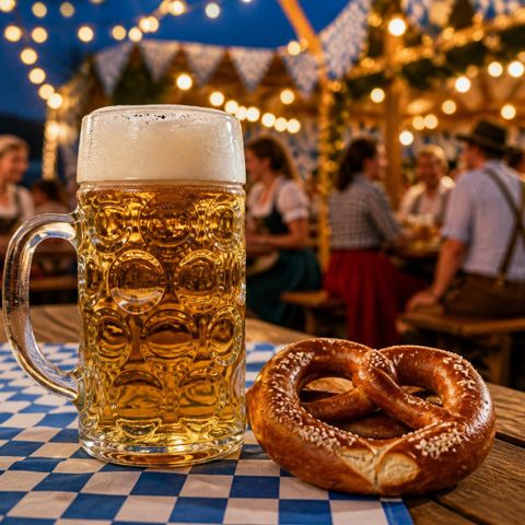 Ein großer, traditioneller Bierkrug aus Glas mit goldfarbenem Bier und kräftiger weißer Schaumkrone und eine Brezel stehen auf einem rustikalen Holztisch mit bayerischer blau-weißer Tischdecke, im Hintergrund herrscht ausgelassene bayerische Feststimmung