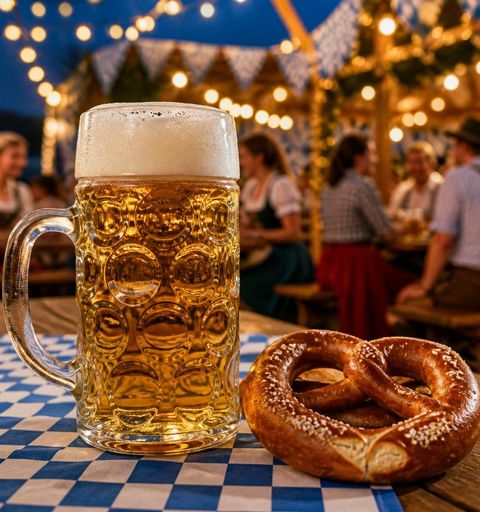Ein großer, traditioneller Bierkrug aus Glas mit goldfarbenem Bier und kräftiger weißer Schaumkrone und eine Brezel stehen auf einem rustikalen Holztisch mit bayerischer blau-weißer Tischdecke, im Hintergrund herrscht ausgelassene bayerische Feststimmung
