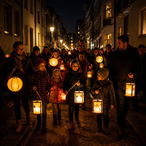 Kinder und Erwachsene ziehen abends mit leuchtenden Laternen durch eine dunkle, von warmem Straßenlicht erhellte Häuserstraße